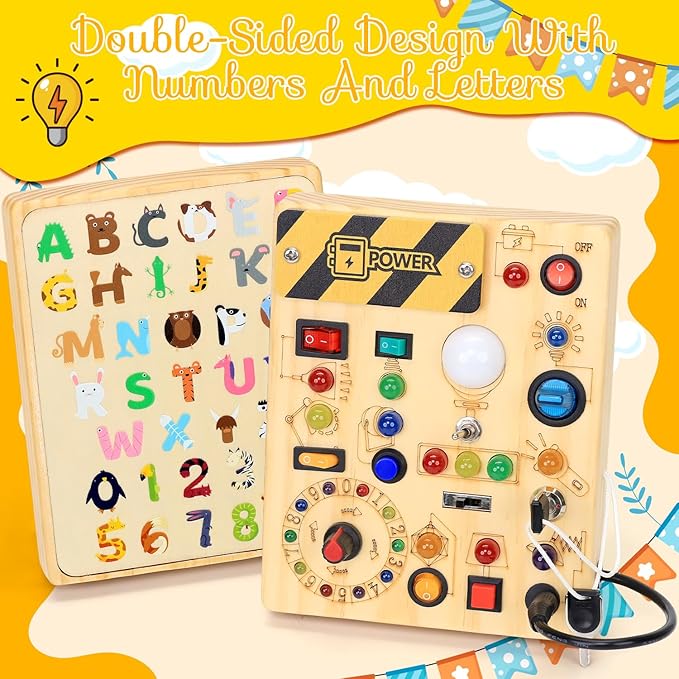 RichBoy Montessori Toy Busy Board for 1-3 Year Old Toddlers, 37-in-1 Sensory Toy with 24 LED Lights, Educational Travel Toy for Airplane Car Rides, First Birthday for Boys Girls (6.7" x 5.3")