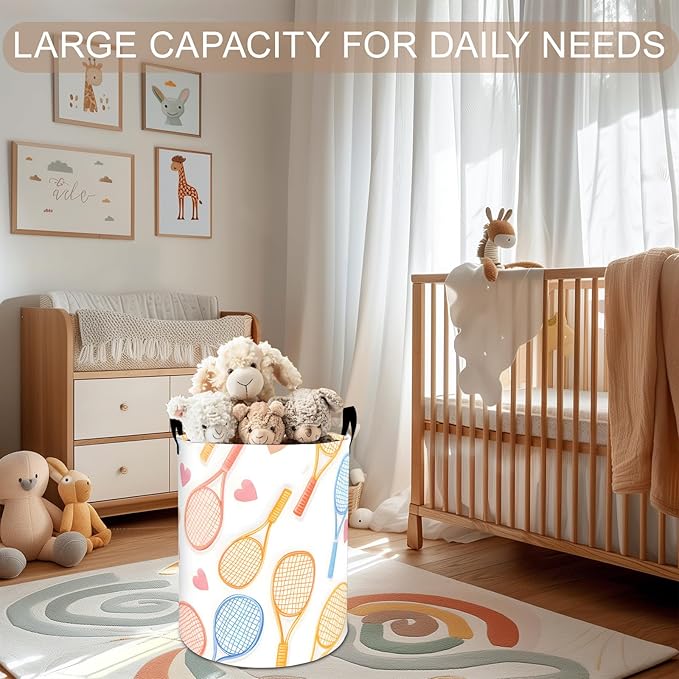Tennis Laundry Basket Hamper 19.7"x15.8", Sport Racket Foldable Waterproof Oxford Clothes Storage Bucket for Room Bathroom Bedroom Nursery Decor, Toy Organizer Bins Gifts for Kids Boys Girls