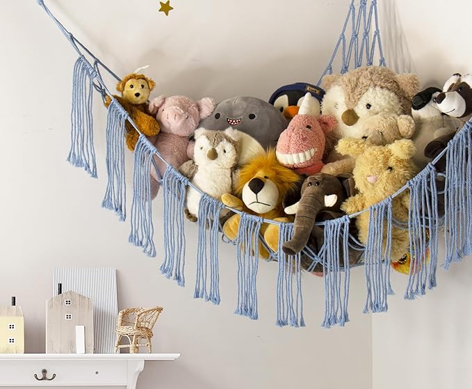 Stuffed Animal Hammock Corner Storage with LED Light - Bluey Room Decor for Girls - Teddy Bear Stuffy Hammock - Cute Blue Things for Bedroom - Wall Ceiling Hanging Decor