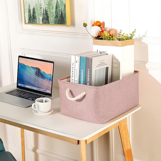 LordCom Storage Bins with Sturdy Cotton Handles(1 Pack), Fabric Storage Baskets for Organizing use for Office & Home, Book, Clothes, Toys, Closet Boxes (Small, Pink, 12.2x8.3x6.3 inches)