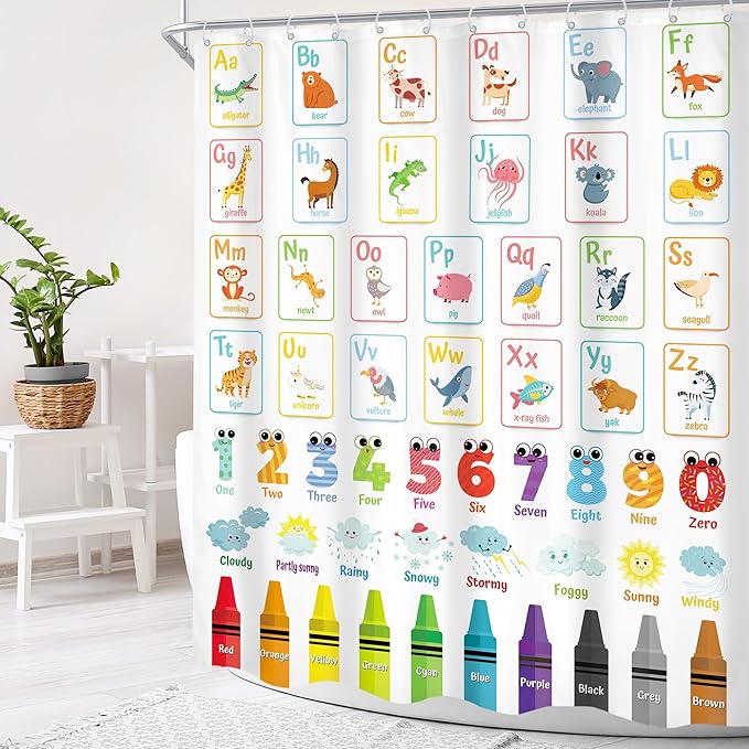 Alphabet ABC Kids Shower Curtain 60Wx72H Children Cartoon Cute Animal Colorful Educational Bathroom Curtain Set Number Learning Bath Curtain Fabric Baby Girls Boys Bathroom Decor with 12 Hooks