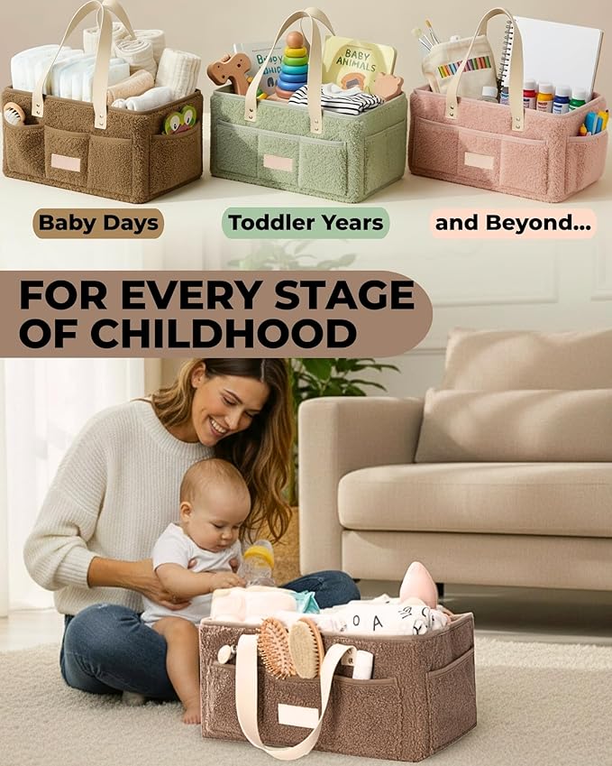 Toodly Baby Diaper Caddy Organizer with Portable Changing Mat - Teddy Fleece Diaper Organizer for Changing Table - Basket for Changing Essentials - Baby Essentials Organizer with Removable Dividers