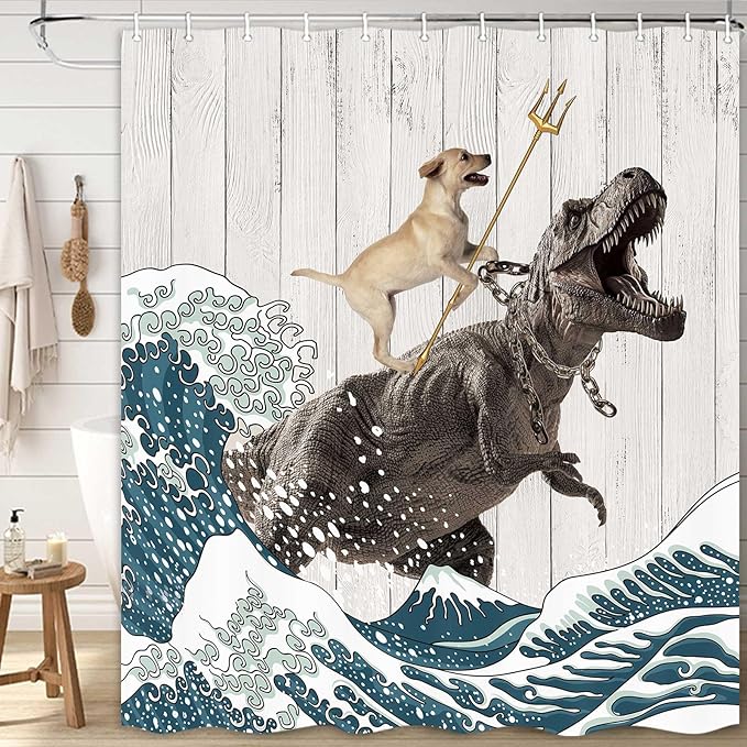 Boziqr Funny Dog Shower Curtain, Japanese Ocean Wave Dinosaur Rustic Barn Door Decor Fabric Bathroom Curtains Set, Cute Animal Kids Polyester Fabric Waterproof, 70 X 78 Inches