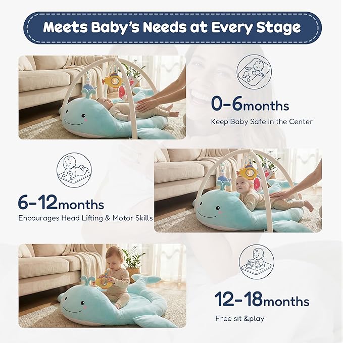 Baby Play Mat, Whale Tummy Time Mat with Toys, Baby Activity Gym for Infants 0–12 Months Sensory Floor Mat for Boys & Girls
