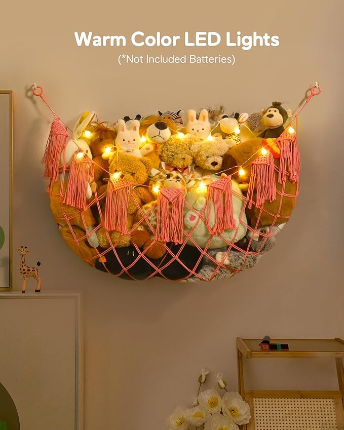 Boho Macrame Stuffed Animal Hammock with LED Lights, Wall Corner Hanging Plushie Net, Large Toy Organizer for Kids Bedroom Nursery Playroom & Dorm (Pink XL)