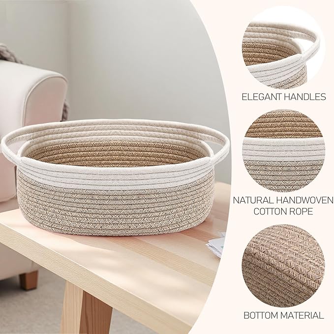 JMvicyroam Woven Basket,Small Rope Storage Bin with Handles & Ribbon Bag, Organizer for Shelves Closets,Gift Basket Empty for Birthday,Books,Dog Toys, White&Oatmeal/2 Pack