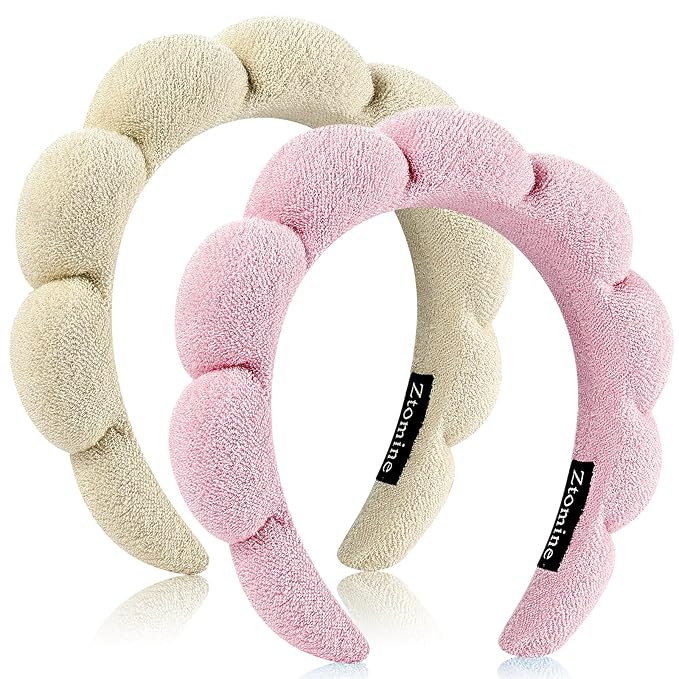 Headband, Set of 2 - Terry Cloth Spa Headbands for Washing Face or Facial, Puffy Makeup Headbands for Face Washing, Mask - 1 Beige + 1 Pink