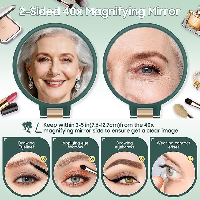 B Beauty Planet 40X Magnifying Mirror, Hand Mirror with Handle, Double Sided Hand Mirror with 40X/1X Magnification, Travel Essential Portable Foldable Makeup Mirror for Precision Makeup Green