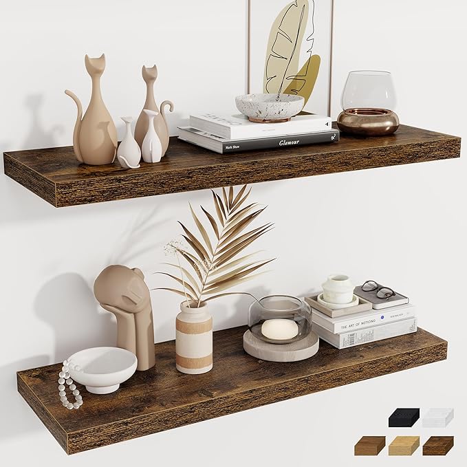 Fun Memories Deep Floating Shelves, 36" W x 12" D Wood Floating Shelves for Wall, 2 Pack Extra Deeper & Thicker Wall Mounted Storage Shelf for Living Room Laundry Room Kitchen Home Office, Brown