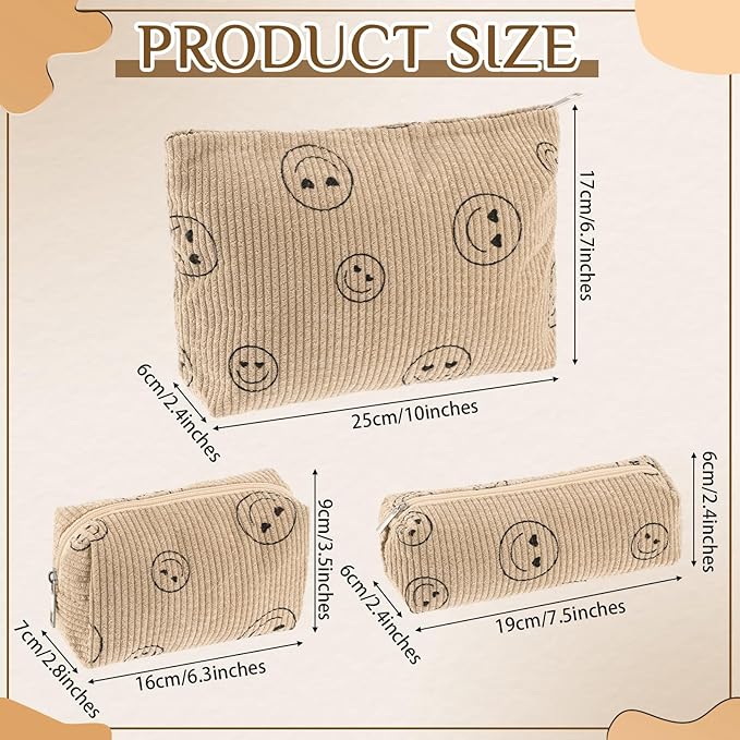 3 Pcs Makeup Bag Set for Women Corduroy Cosmetic Pouch Aesthetic Smile Travel Toiletry Bag Cute Purse Pouch Pencil Case Makeup Brushes Storage Organizer with Zipper(Khaki,Smile Face)
