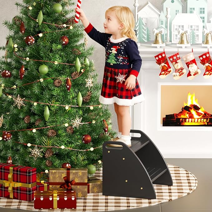 Step Stool for Toddlers, Two Stepping Stool Toddler 300lbs Capacity, with Non-Slip Handles and Pads,Black Kids Step Stool for Bathroom Sink, Perfect Natural Wooden Step Stool for Kitchen