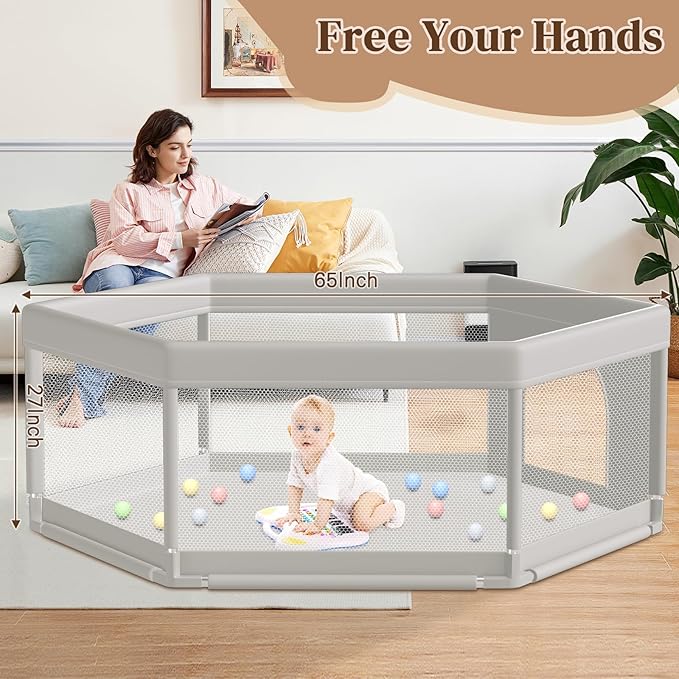 Hiaksedt Large Baby Playpen 65x65 Inch, PlayPen for Babies and Toddlers Hexagonal Type Baby Play Yards for Indoor & Outdoor with Breathable Mesh Anti-Fall