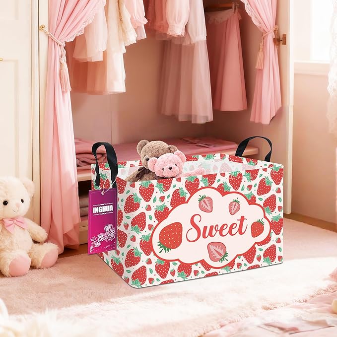 INGHUA Rectangular Storage Basket Fabric Organizer Bin for Toys,Books,Clothes,Gifts,Pets-Perfect for Home,Office,Nursery,Dorm,Shelf(Rec-strawberry)