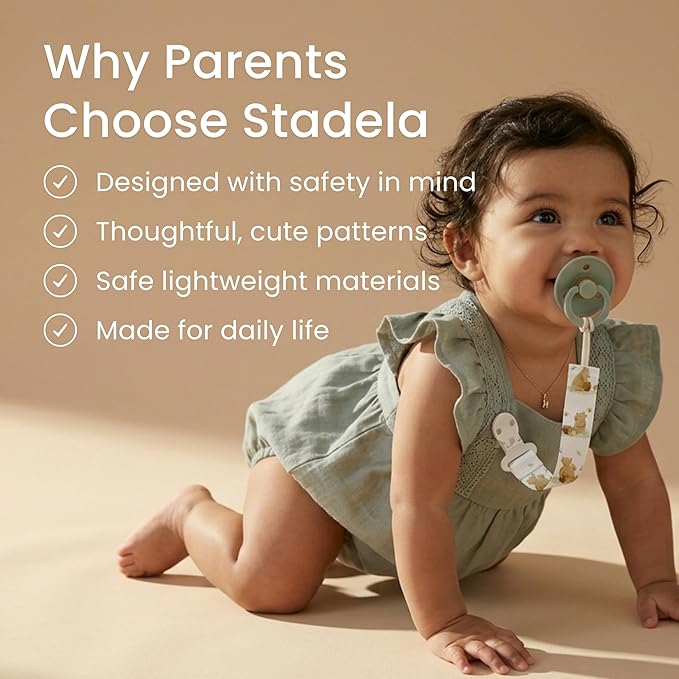 Stadela Baby Pacifier Clip Holder - Boy and Girl Unisex 4 Pack Gift Set – Neutral Vintage Rabbits and Carrots Beige Blue Brown Peter