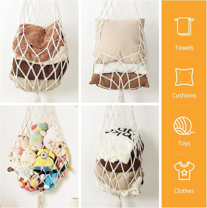 Stuffed Animal Storage, 5Ft Corner Hanging Stuffy Toy Hammock, Large Stuffed Animal Holder Organizer with Hooks, Macrame Plushie Net for Nursery Kids Playroom Bedroom Decoration (Cream)