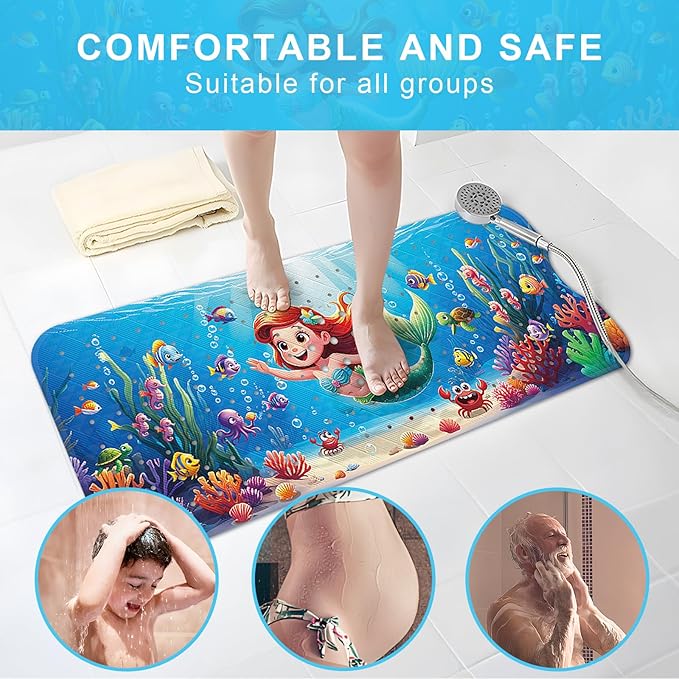 Upgrade Cartoon Baby Bath Mat Non Slip - 40"x16" Extra Long Bathtub Mat for Baby Eco Friendly Durable Bath Mat for Tub Non Slip Kids Tub Mat with Suction Cups, Machine Washable and No Fading, Mermaid