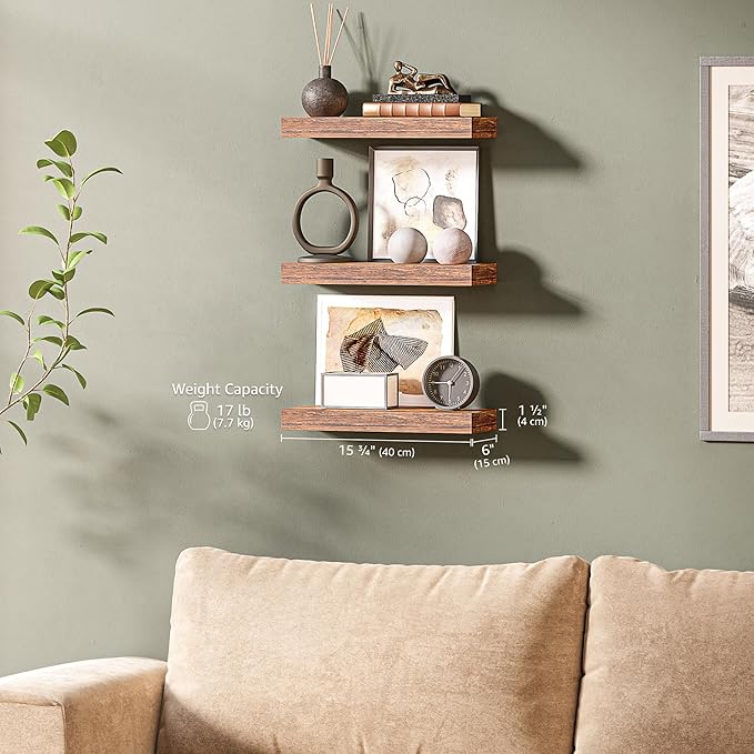 Ballucci Floating Shelves, 16" Wood Wall Shelf Set of 3, Invisible Brackets Floating Shelf for Wall Decor Living Room, Bathroom, Bedroom, Kitchen, 6" Depth, Rustic Brown