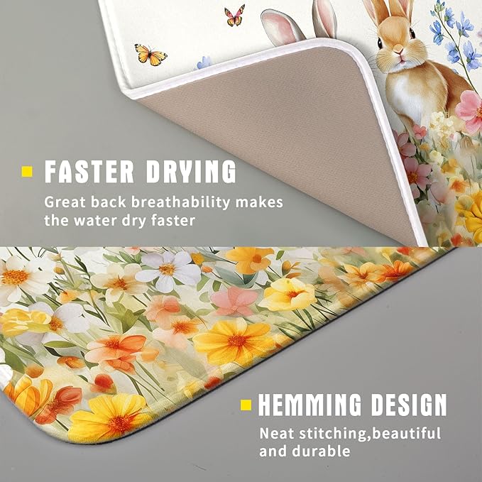 Spring Easter Rabbit Dish Drying Mat for Kitchen Counter,Colorful Flowers Butterflies Drying Mat 16 x 18 Inch with High Absorbent Microfiber Drainer Mat for Coffee Bar