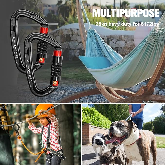 Auto Locking Carabiner Clips - 28KN (6172lbs) Heavy Duty Caribeaners ，2PCS Large Carabiner Clip for Keychains，Hammock，Camping, Gym, Hiking, Outdoor ，Dog Leash