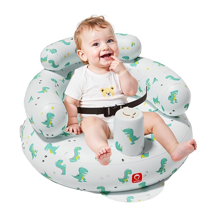 QPAU Inflatable Baby Seat with Safety Harness for Babies 3 Months & Up, Baby Floor Seats for Sitting Up, Baby Seats for Infants, Blow Up Baby Chair with Built in Air Pump (Green Dinosaur Pattern)
