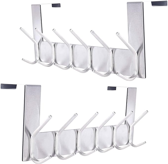 SKOLOO Over The Door Hook - for Doors up to 1-3/4'' Thickness, Silver, No Assembly Required, Stainless Steel, Door Coat Rack for Entryway & Bathroom Hanging Coats, Backpack, Robes, Towels, Pack of 2