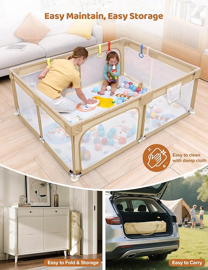 Dripex Baby Playpen with Mat, 71"x47" Play Pen for Toddlers 1-3 Years, Soft Breathable Visible Mesh, Indoor/Outdoor Portable Play Yard with Mat, Safe Baby Fence Play Area, Beige