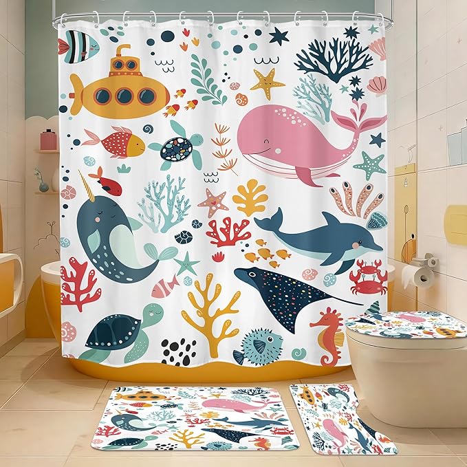 4 PCS Kids Shower Curtain Set 72Wx72H Kid Toddler Bathroom Set Summer Ocean Fish Cute Whale Funny Underwater Bath Rug Toilet Lid Cover U Shape Mat Accessories 12 Hooks Bathroom Decors