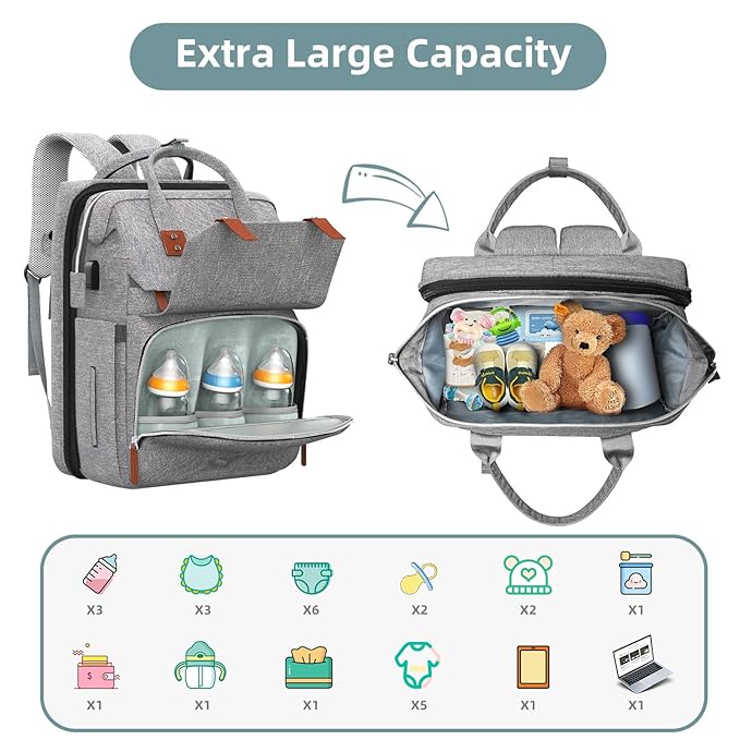 ISMGN Diaper Bag Backpack with Changing Station, Large Diaper Bag, Baby Bag, Multifunctional Diaper Bag, Gray