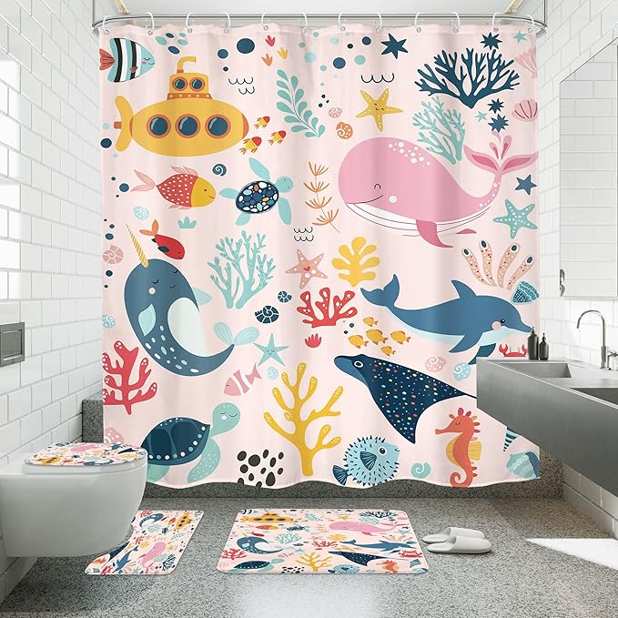4 PCS Pink Kids Bathroom Set Summer Ocean 72Wx72H Shower Curtain Set Bath Rug Toilet Lid Cover, Nonslip U Shape Mat Whale Funny Cartoon Cute Animal Accessories 12 Hooks Bathroom Decor