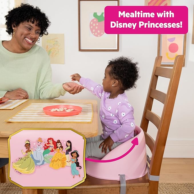 Bright Starts Disney Princess My Spot Easy-Clean Baby Booster Feeding Chair, 3-Point Harness, Washable Removable Straps, Pink