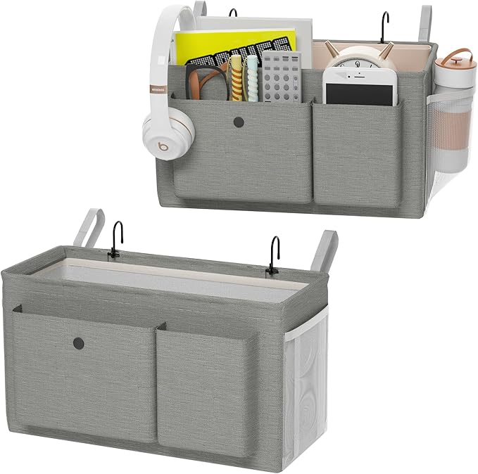 Edudif Bedside Caddy Bedside Organizer with Fixed Straps & Water Bottle Holder, Bunk Bed Caddy ideal for Home, Dorm, Hospital, Crib, Versatile Bedside Storage Solution (Grey 2pcs)