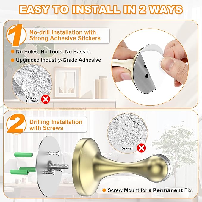 Crosize Magnetic Door Stoppers 1 Pack, Stainless Steel Door Stops for Wall and Floor Mounting, Gate Stops, No Drilling Metal Doorstops with Adhesive Tapes, Gold