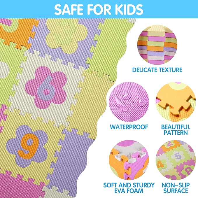 Tamiplay Foam Play Mat for Kids，25Pcs Square Interlocking Puzzle Floor Mat，Baby Play Mat Floor Mat Foam Puzzle Playmat for Toddlers with Fence（Number-CSH011