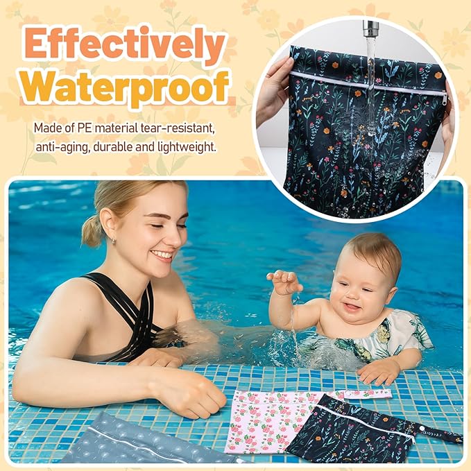Reginary 8 Pack Wet Dry Bags Waterproof Reusable Travel Zipper Pouch for Baby Cloth Diapers, Swimsuits, Wet Clothes, Toiletries, Beach, Pool, Yoga Gym Bag, 2 Sizes (Flower Style)