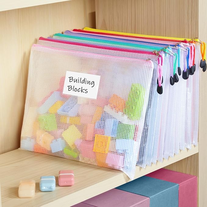 Sooez 14 Pack Mesh Zipper Pouch Bags, A4 Letter Size, Zipper Bags with Label Pocket, Waterproof Pouches for Classroom Organizer, Board Game Toy Storage, Document Bag for Teacher School Office Supplies