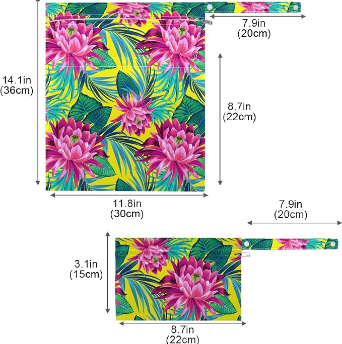 visesunny Tropical Leaf Lotus Floral 2Pcs Wet Bag with Zippered Pockets Washable Reusable Roomy for Travel,Beach,Pool,Daycare,Stroller,Diapers,Dirty Gym Clothes, Wet Swimsuits, Toiletries