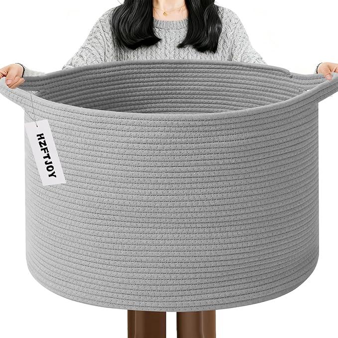 Large Storage Basket with Handle,23.6" x 23.6" x 15.7" Blanket Basket Storage Bins for Organizing,115L Cotton Rope Woven Baskets for Living Room, Nursery,Bedroom,Light Gry