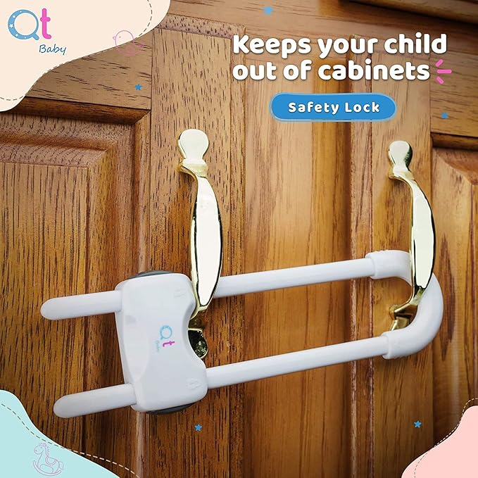QT BABY Baby Proofing Cabinet Locks | Adjustable U Shaped Baby Safety Latches for Drawers, Fridge, Closet |Modern Baby Proofing Cabinet Lock with Extra Secure Lock Buttons (Pack of 4, White)