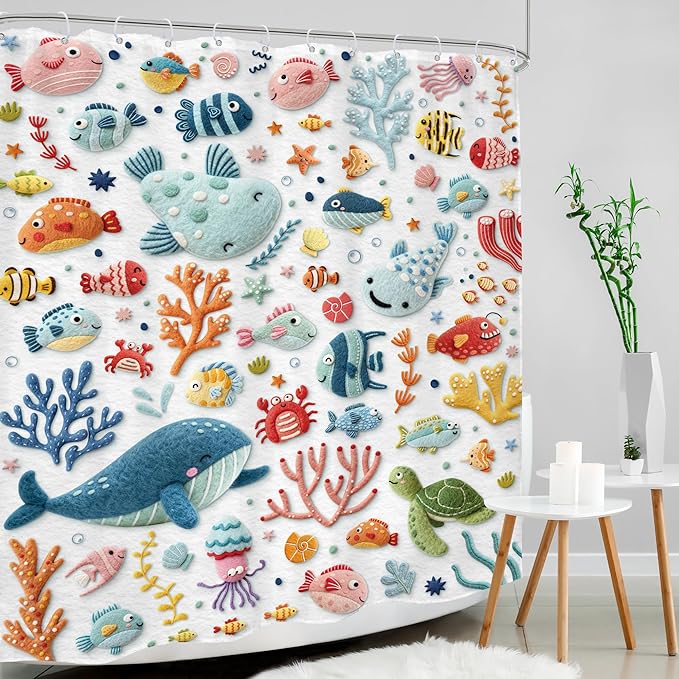 Kids Ocean Printed Shower Curtain 60Wx72H Print Funny Whale Cartoon Cute Underwater Coastal Fish Sealife Animal Coral Turtle Bathroom Decor Boy Girls Bath Curtain Fabric Polyester 12 Pack Hooks