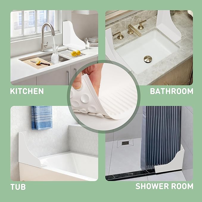 No-Adhesive 2-Pack All-Silicone Shower Splash Guard with Strong Suction Cups, Reusable Bath Tub Corner Water Blocker for Secure Seal&Easy Removal，Keep Water in Shower or Bath, One-Piece Design, White