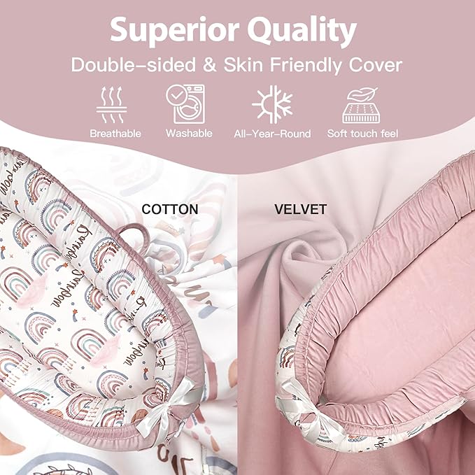 Baby Lounger-Breathable and Soft Organic 100% Cotton, Portable Infant Lounger with Removable Lounger Cover, Baby Nest Lounger for Newborn - Pink Rainbow