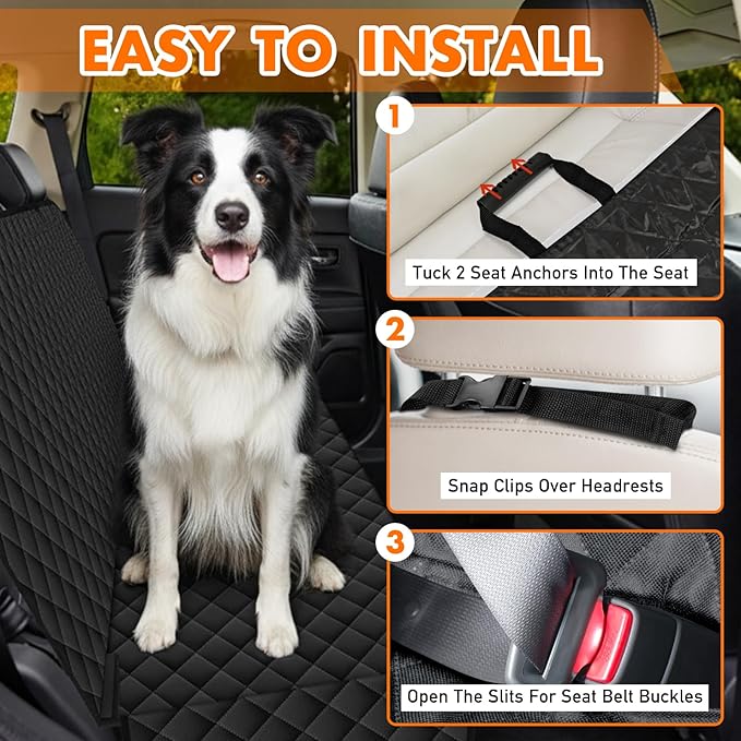 Backseat Cover for Dogs, Waterproof and Non-Slip Pet Bench Seat Covers, Car Seat Protector for Back Seat, Universal Size Rear Car Seat Cover Fits Cars, Trucks and SUVs, L-Carbon Black