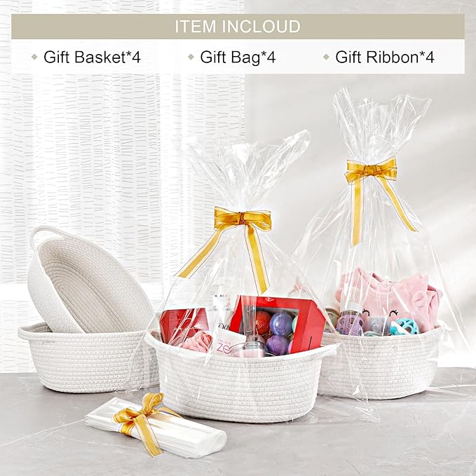 4 Pack Small Woven Basket with Handles, All 12"x 8"x 5", Cotton Rope Room Shelf Storage Basket, Cat Toys, Cute Baby Gift Basket with Gift Bags and Ribbons for Nursery, Empty Decorative Gift Chest Box