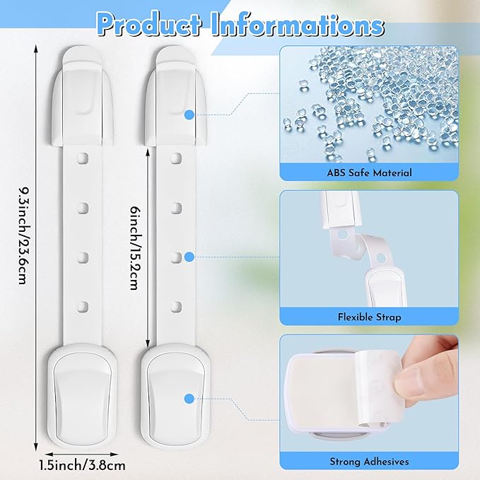 Cabinet Locks Baby Proofing - 2Pcs Adjustable Childproof Drawer Latches Child Safety Cabinet Lock Straps with 3M Adhesives No Drill Multi-Purpose Safety Straps for Furniture Kitchen Ovens Toilet Seats