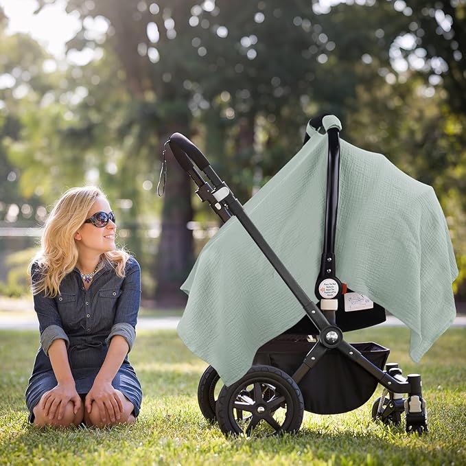 Metplus Muslin Car Seat Cover for Babies - Carseat Stroller Cover Infant Stroller Covers for Boys and Girls, Breathable & Lightweight, Fits Most Strollers & Baby Car Seats