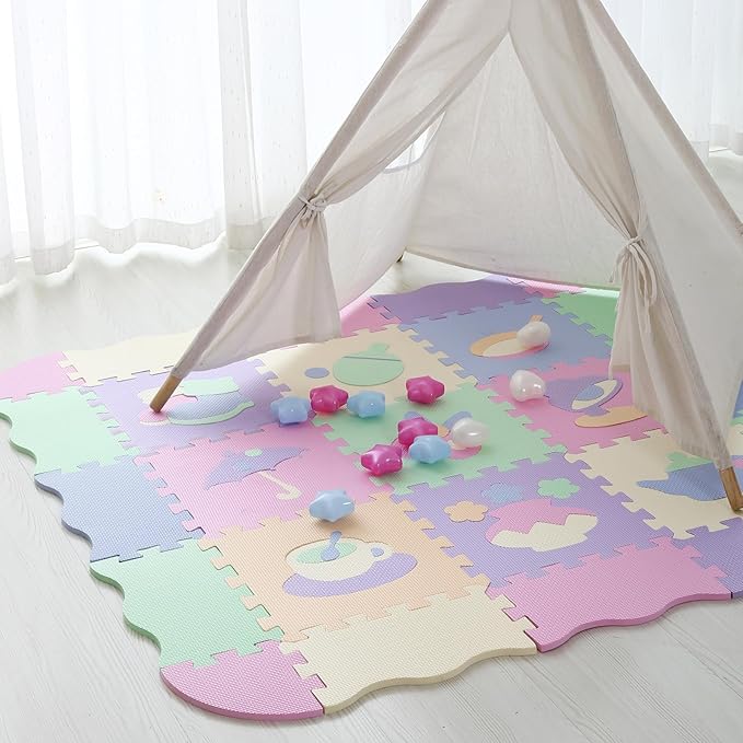 Tamiplay Foam Play Mat for Kids，25Pcs Square Interlocking Puzzle Floor Mat，Baby Play Mat Floor Mat Foam Puzzle Playmat for Toddlers with Fence（Mash Up-CSH023