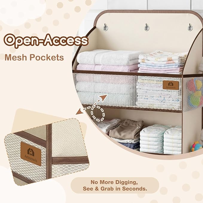 Baby Nursery Over The Door Organizer – 5-Tier 10 Pocket Hanging Storage with Removable Diaper Caddy & 3 Sturdy Hooks, 55LBS Capacity Baby Essentials Holder for Bathroom Bedroom Closet, Beige