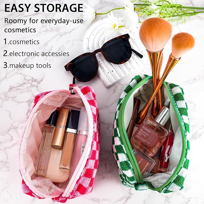 ZLFSRQ 2Pcs Checkered Pencil Case Cute Pencil Pouch for Teens Checkered Makeup Bag Medium Travel Cosmetic Bag Preppy Makeup Pouch for Purse Aesthetic Zipper Toiletry Bags Organizer(Pink/Green)