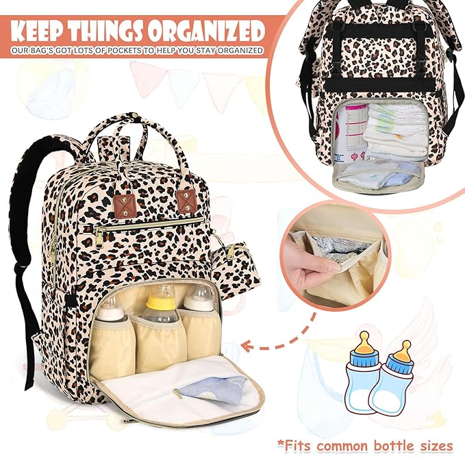 Tenot Baby Diaper Bag Backpack, Travel Diaper Bags for Baby Girl Boy Large Capacity Baby Bag Backpack for Women Leopard Print