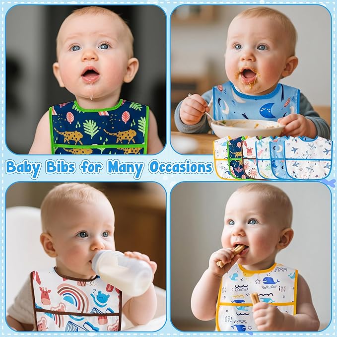 2ooya 6Pcs Baby Bibs for Eating Toddler Adjustable Feeding Bibs with Crumb Catcher Pocket Waterproof Sleeveless Teething Plastic Food Bib Set Infant Keepsake Gift for Baby Shower, 6-24 Months